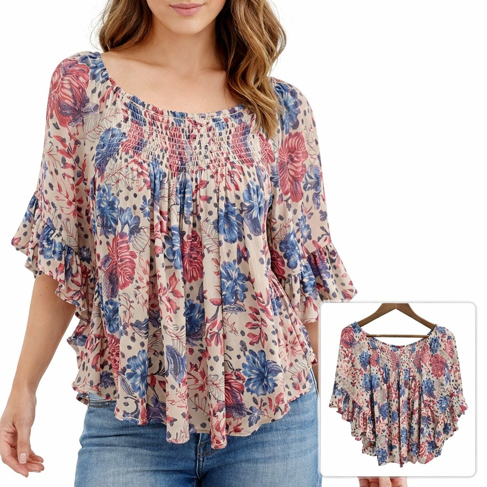 Mod Lusive Peasant Blouse Smocked Flowy‎ Rayon Boho Top Floral M